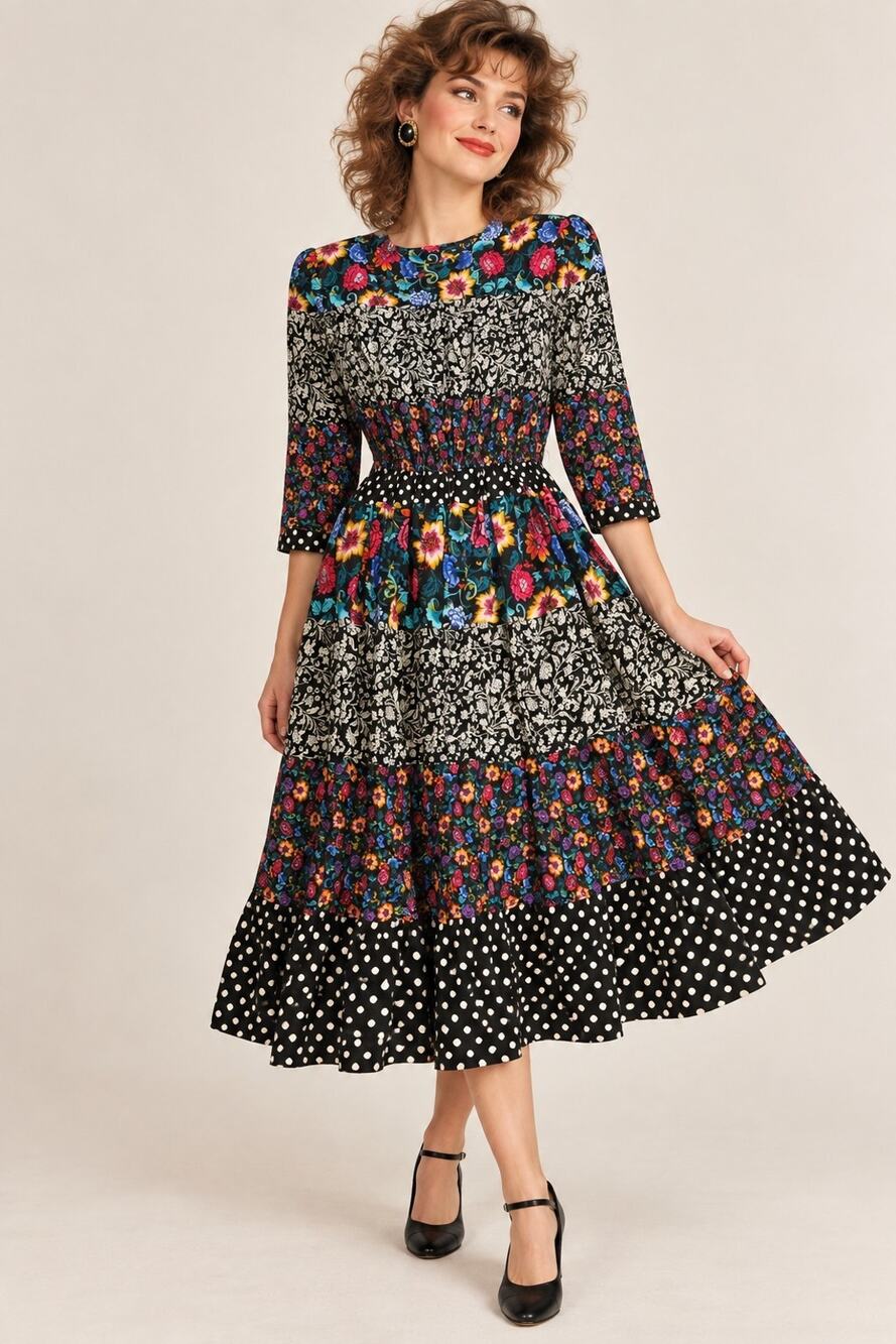 Vintage 80s Sabino Dress Size 10 Mixed Floral Polka Dot Patchwork Midi Boho USA